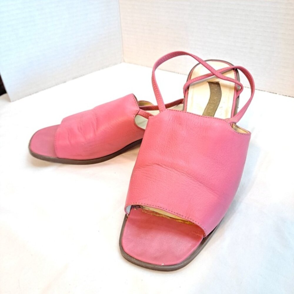 VINTAGE ~ LEATHER KITTEN SLIP ON STRAPPY SEXY MULES ~PINK MAGENTA ~ SIZE 8M